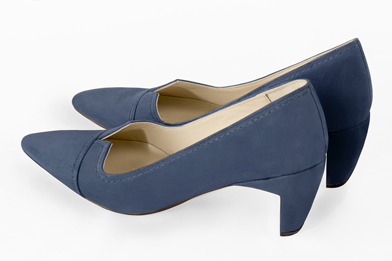 Denim blue women's dress pumps,with a square neckline. Tapered toe. Medium comma heels. Rear view - Florence KOOIJMAN